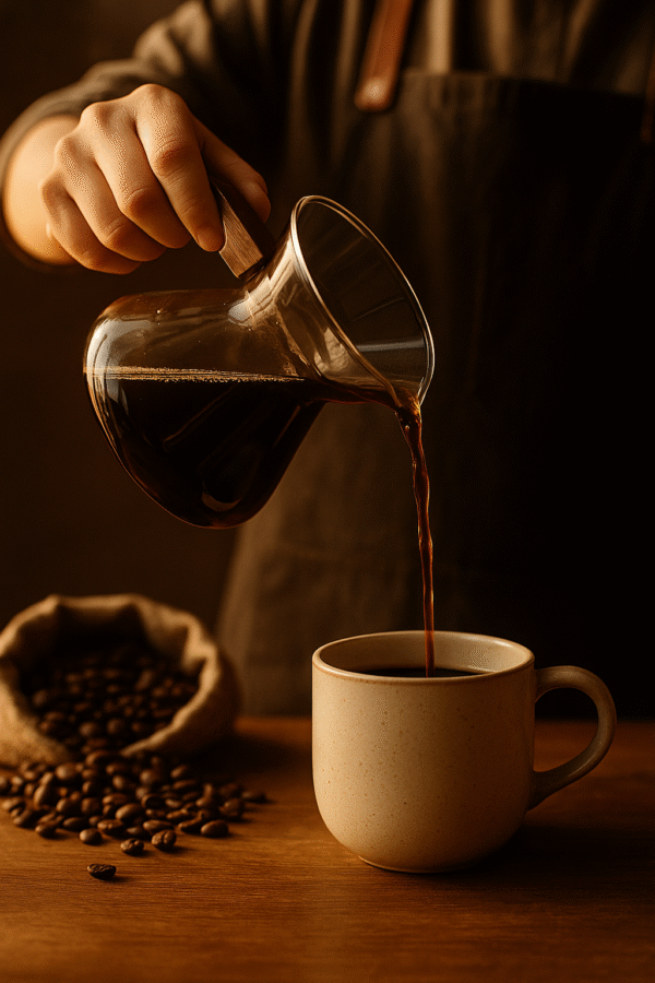 Pouring freshly brewed coffee into a cup at Ysabel’s Coffee — artisanal and handcrafted.