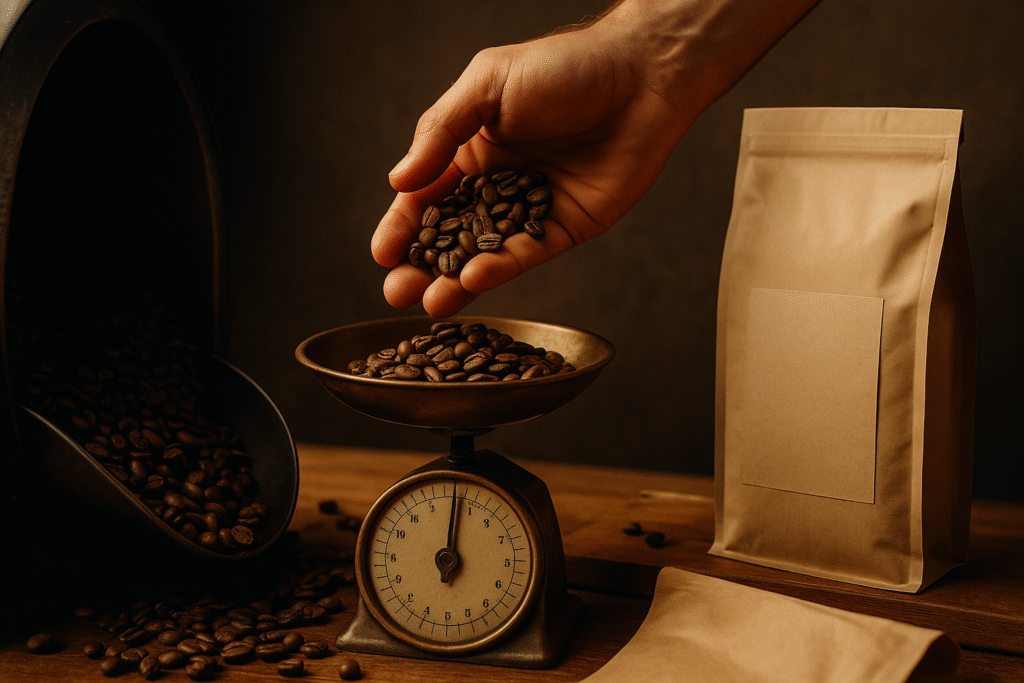 Barista hand-roasting coffee beans in a small batch roaster